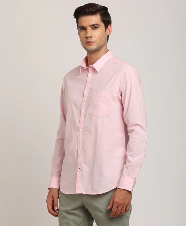 Indian Terrain Men's Regular Fit Full Sleeve Solid Pink Shirt